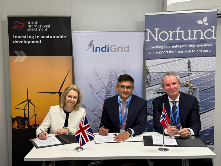 The partnership was signed at COP 29 with (from left) Diana Layfield, Chair, British International Investment, Harsh Shah, CEO, IndiGrid and Tellef Thorleifsson, CEO, Norfund.